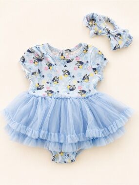 Bluey Girls Printed Ribbed Romper with Floral Trim